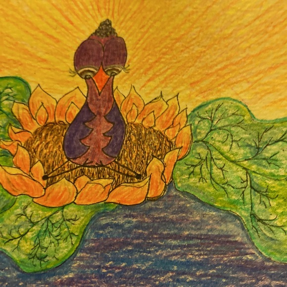 Unframed Original Art Pencil Crayon Drawing Illustration Cute Yoga Meditation - Picture 5 of 5